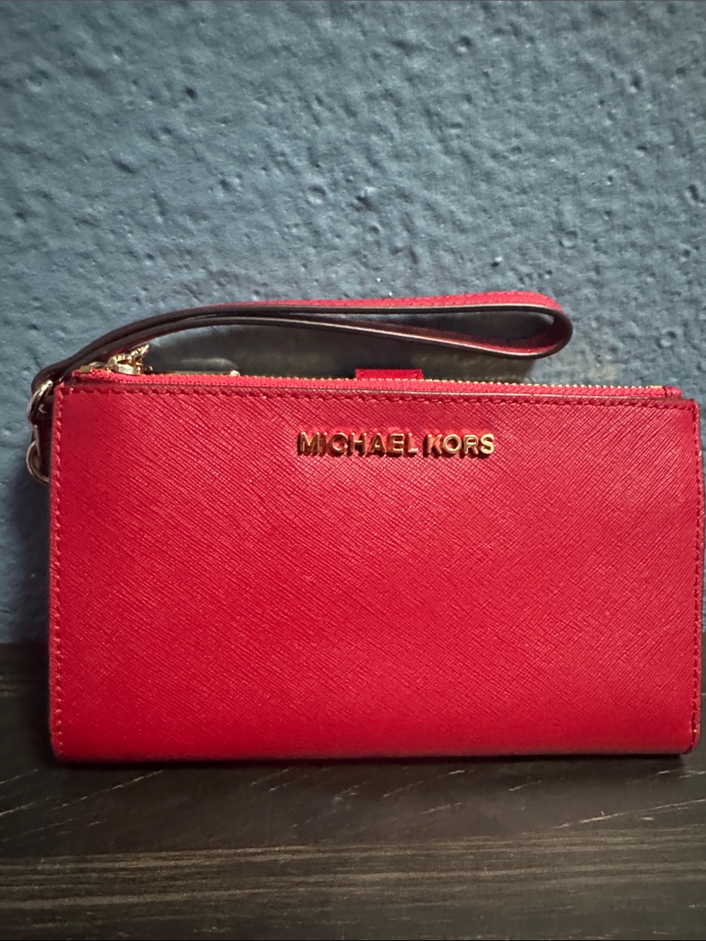 Michael Kors Red Leather Wristlet Clutch with Gold Logo